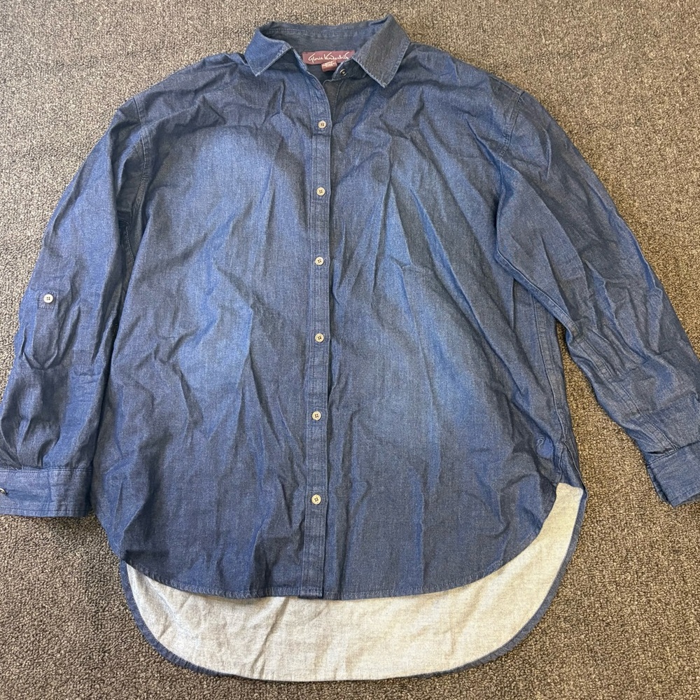 Gloria Vanderbilt Dark Blue Roll-Tab Longsleeve Button Up